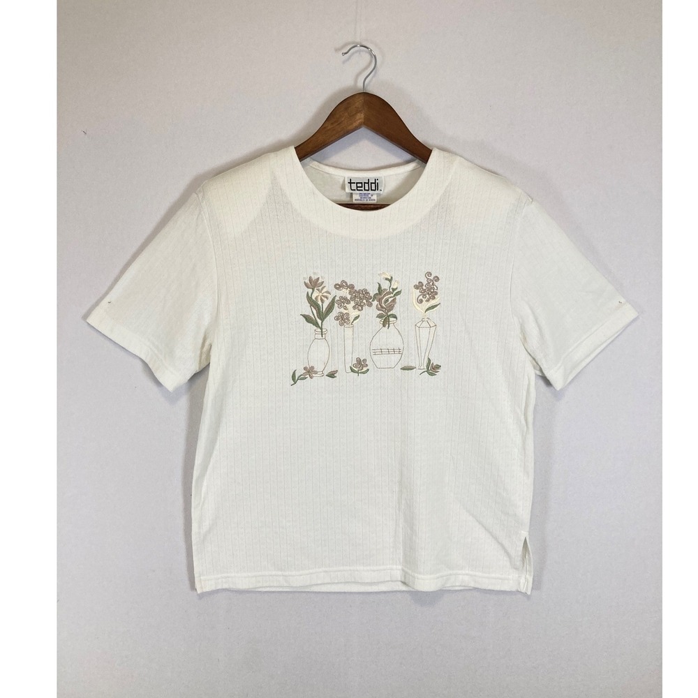 Cottagecore Teddi‎ Womens Small Cream Floral Embroidered Pointelle Knit Top Tee